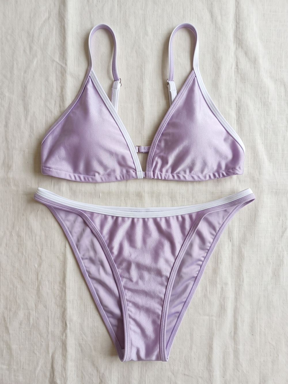 Lilac Triangle Bikini Set with White Trim